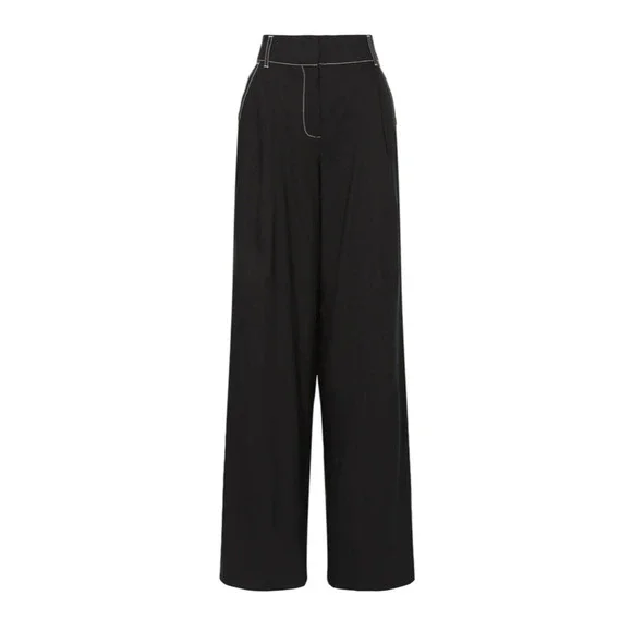 Jonathan Simkhai Tavar Linen Pants Black‎ Contrast Stitch High Rise Wide Leg XL